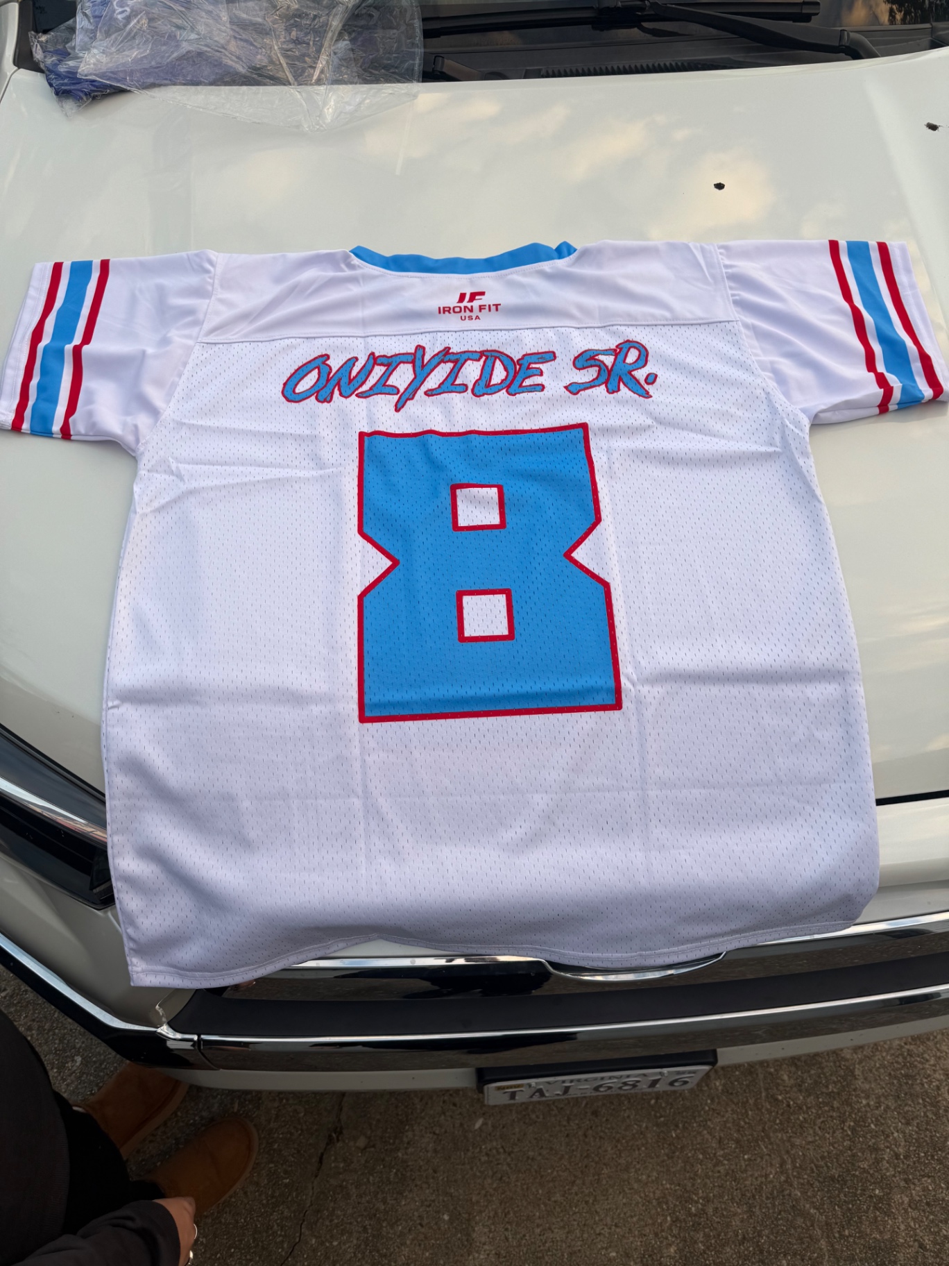 Oniyide Sr. #8 white custom football jersey back