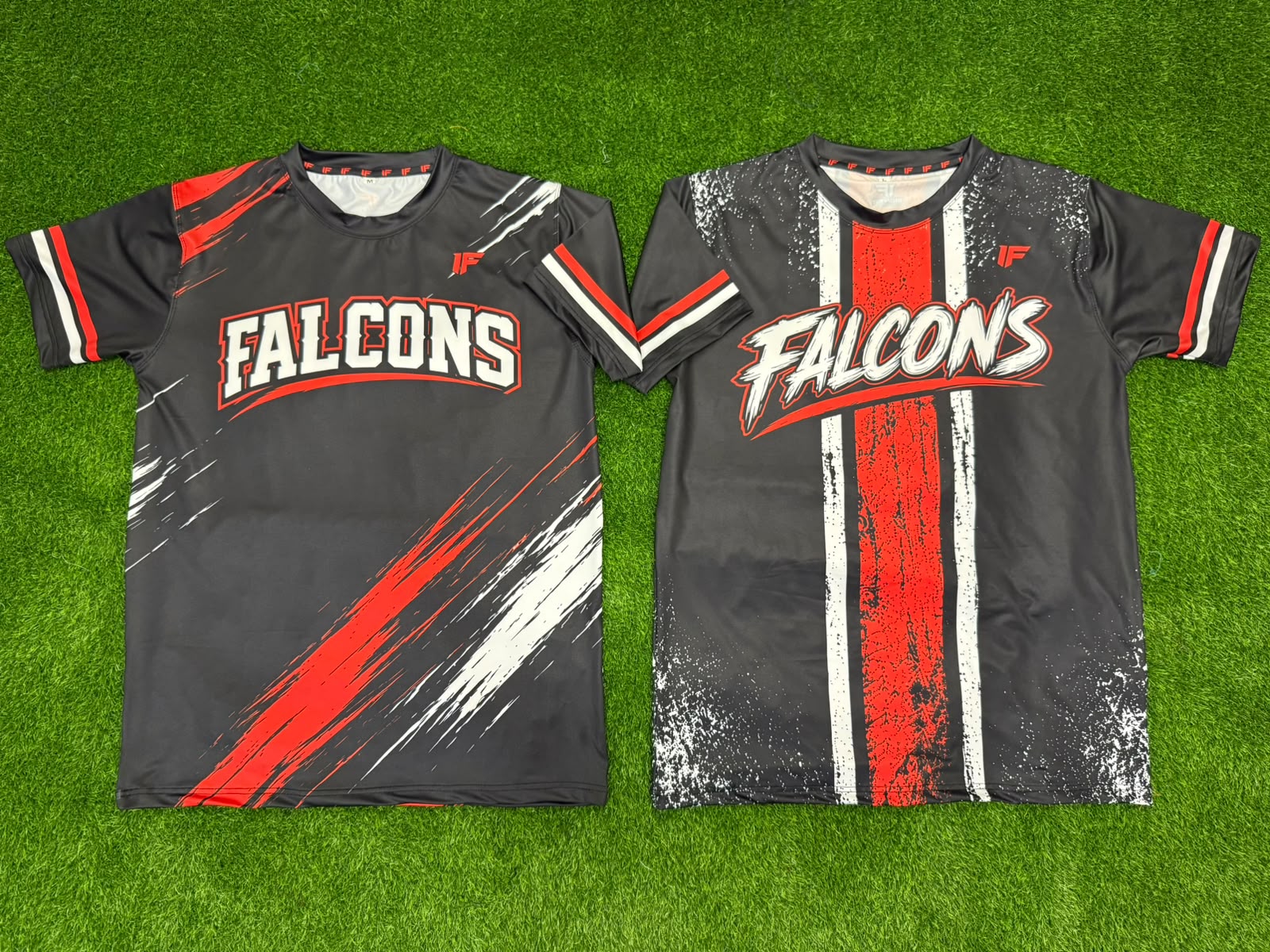 Falcons charcoal and red custom sublimated tees, two designs
