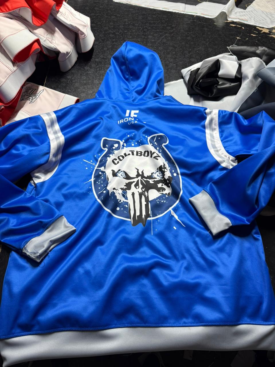 Coltboyz blue custom hoodie with skull graphic