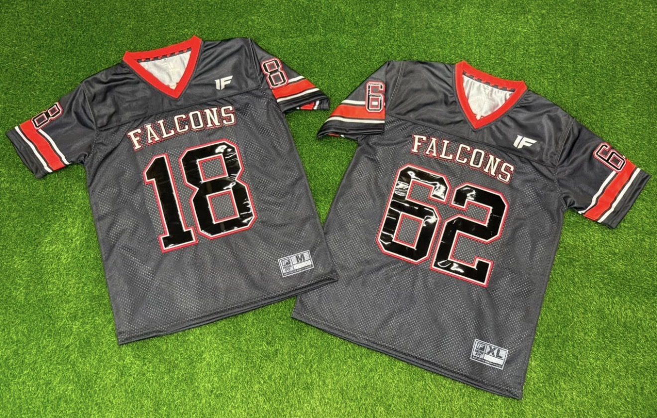 Falcons #18 and #62 charcoal and red custom fan jerseys
