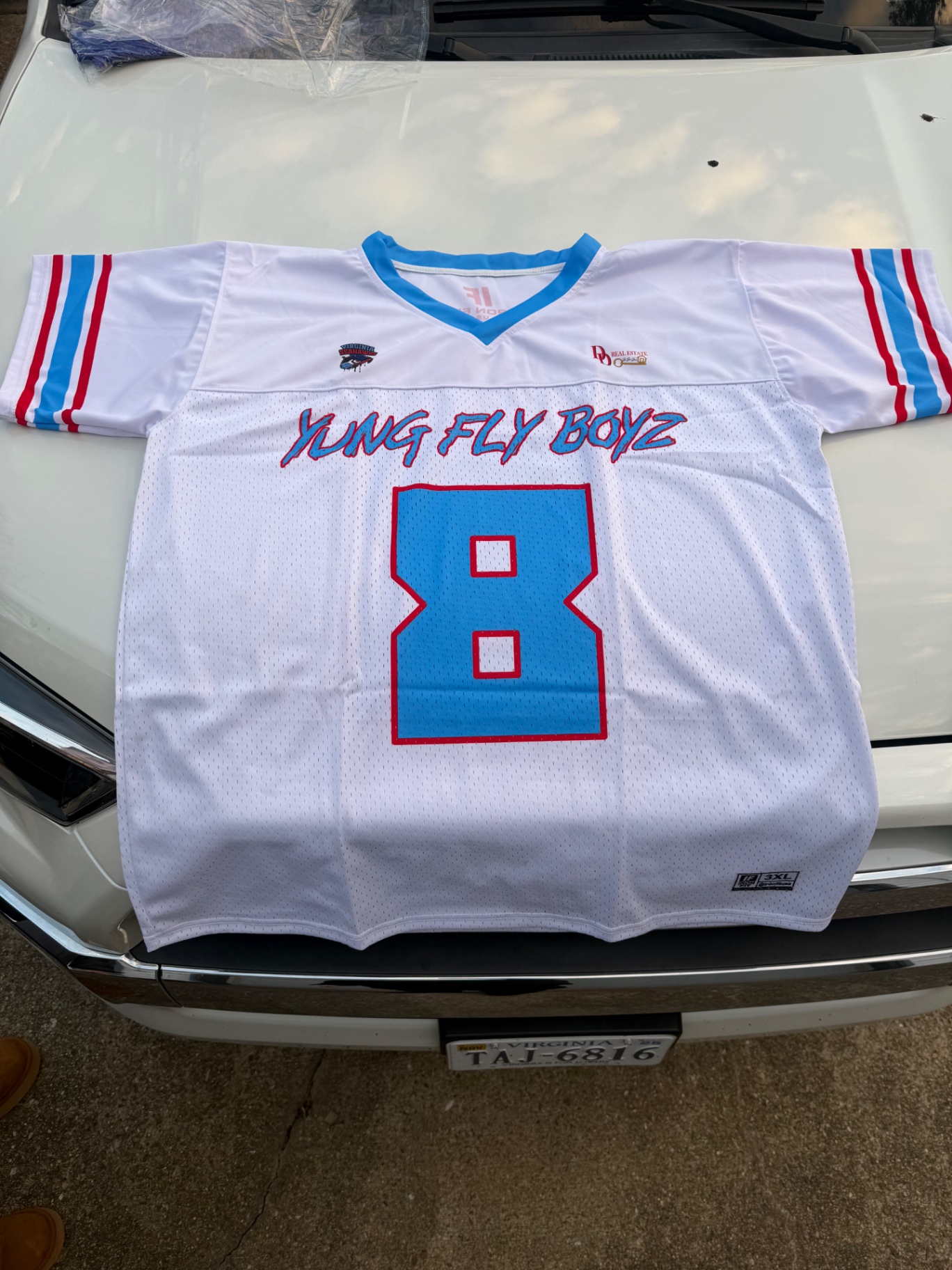 Yung Fly Boyz #8 white custom football jersey front